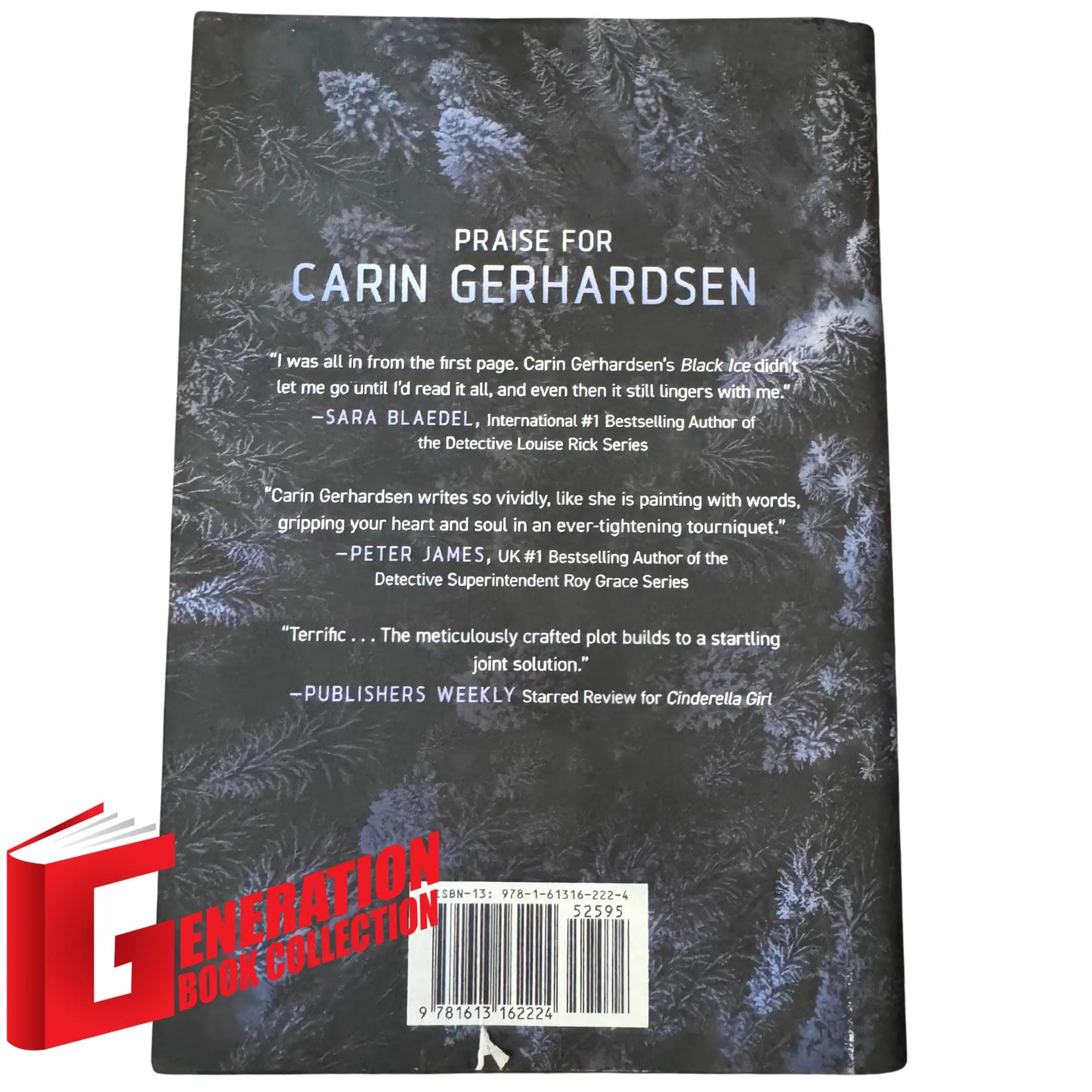 View of the back cover and ISBN information for this authentic imported copy of Black Ice by Carin Gerhardsen.