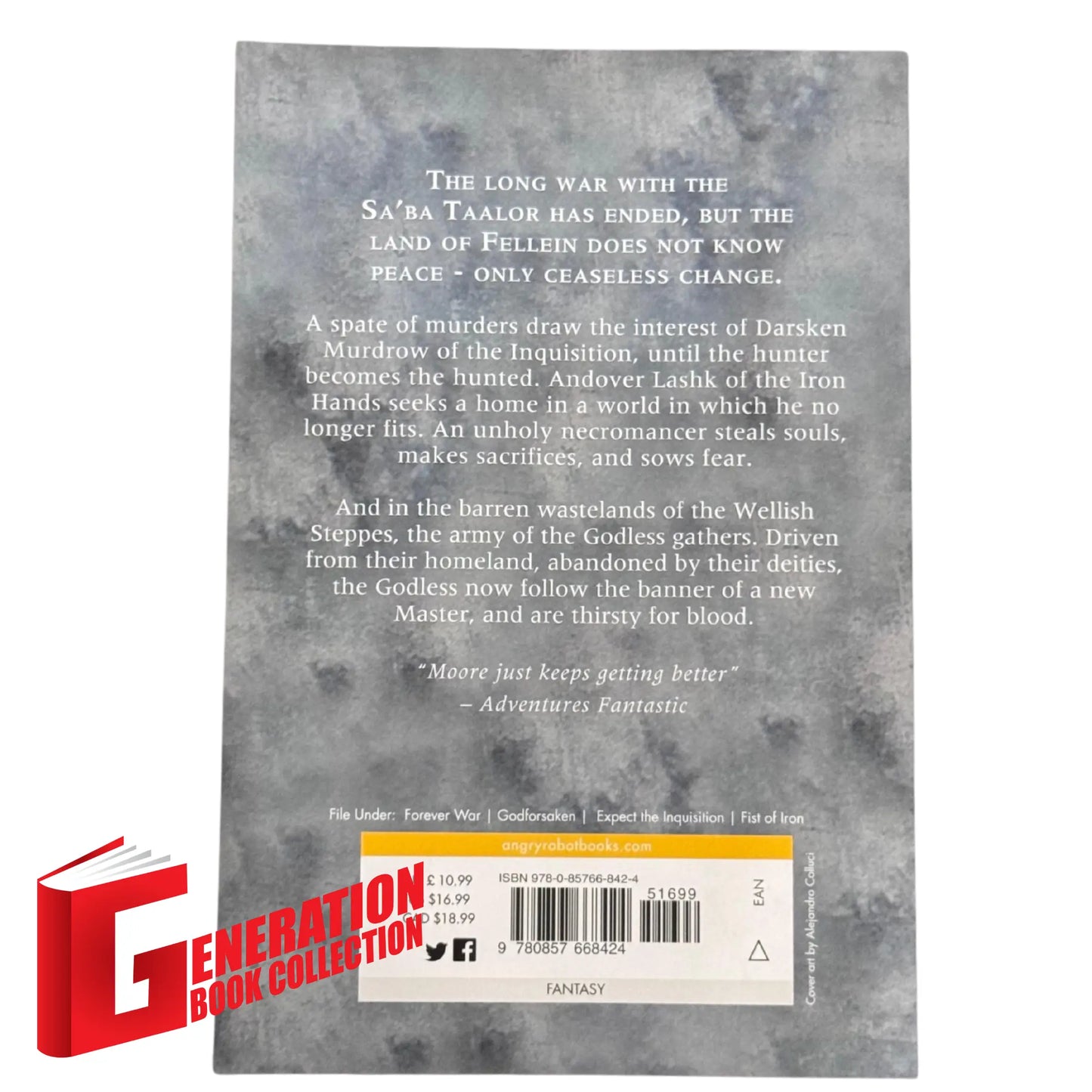 View of the back cover and ISBN information for this authentic imported copy of The Godless.
