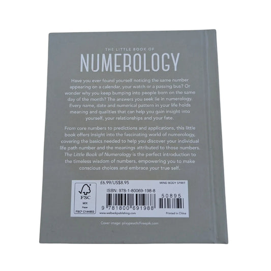 View of the back cover and ISBN information for this authentic imported copy of The Little Book of Numerology.