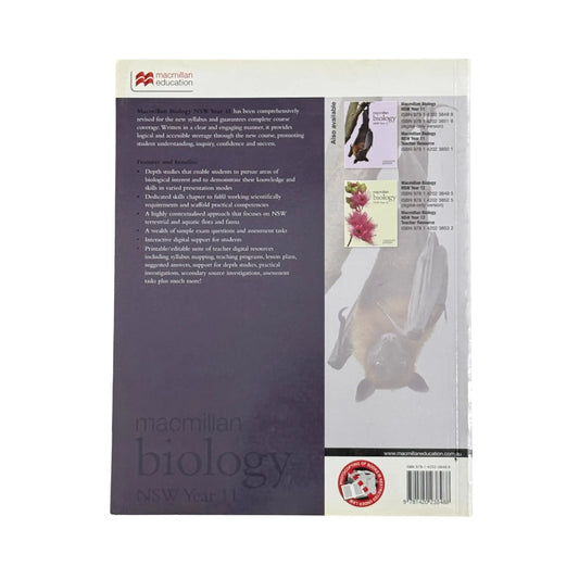 The back cover and synopsis of the original Macmillan Biology NSW Year 11 book.