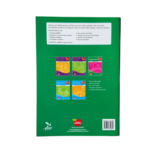 The back cover and detailed resource description for the English Essentials Black Line Masters book.