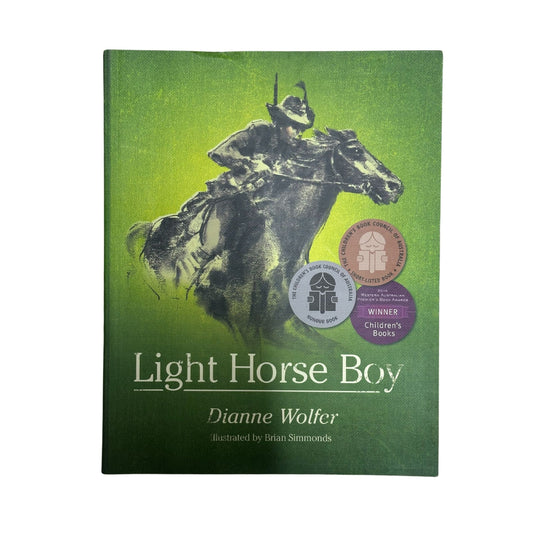 Book cover of 'Light Horse Boy' by Dianne Wolfer with a green background and illustration of a boy on a horse.
