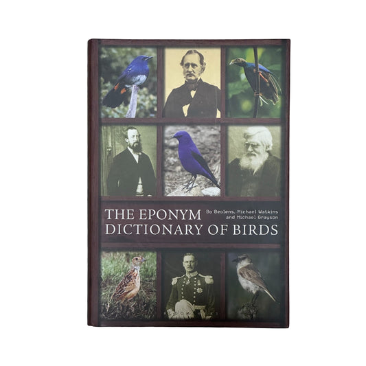 Book titled 'The Eponym Dictionary of Birds' with images of birds and people on the cover.