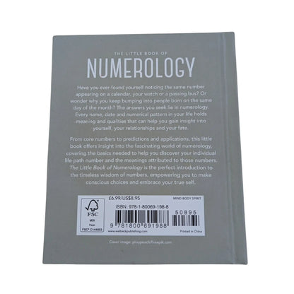 View of the back cover and ISBN information for this authentic imported copy of The Little Book of Numerology.