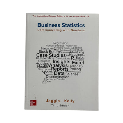 The front cover of Business Statistics: Communicating with Numbers by Sanjiv Jaggia and Alison Kelly, available as an original imported copy at Generation Books Collection Pakistan.