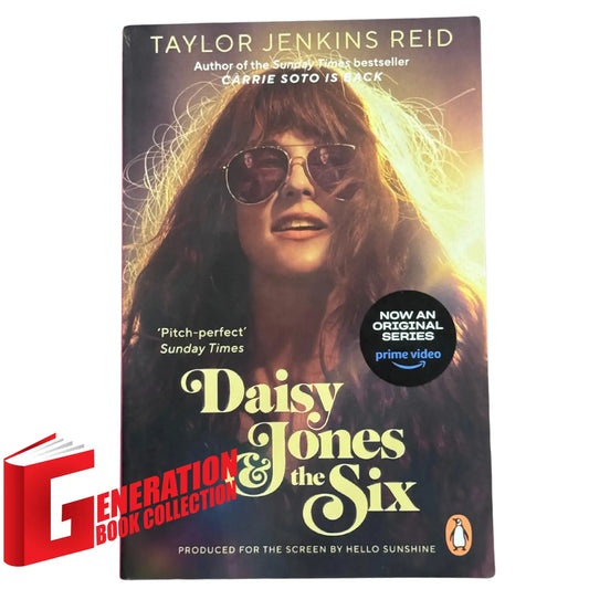 Front cover of the novel "Daisy Jones & The Six" by Taylor Jenkins Reid, featuring a stylized 1970s-inspired portrait of a woman with red hair and oversized sunglasses, reflecting a vintage rock-and-roll aesthetic.