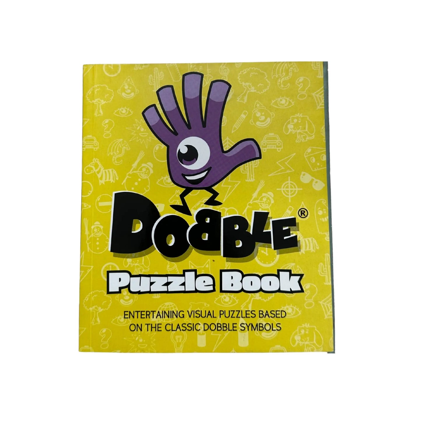 Dooble Puzzle Book packaging with a purple hand logo on a yellow background