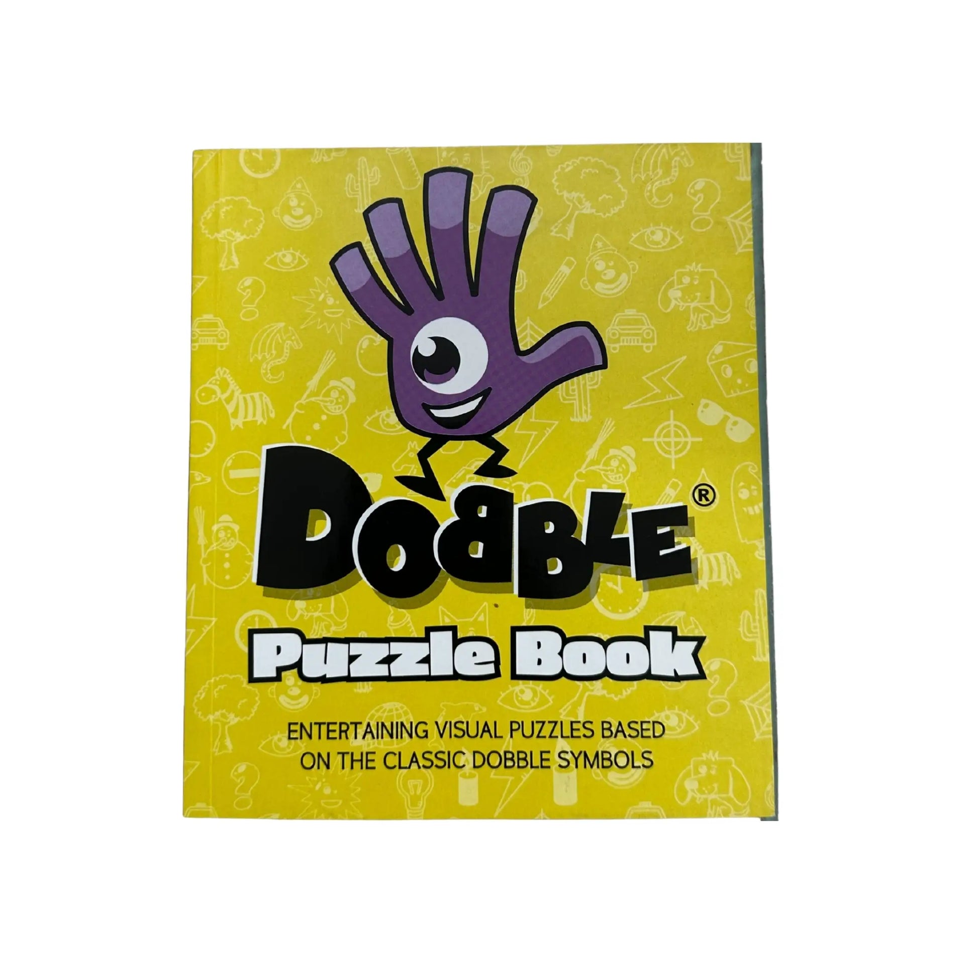 Dooble Puzzle Book packaging with a purple hand logo on a yellow background