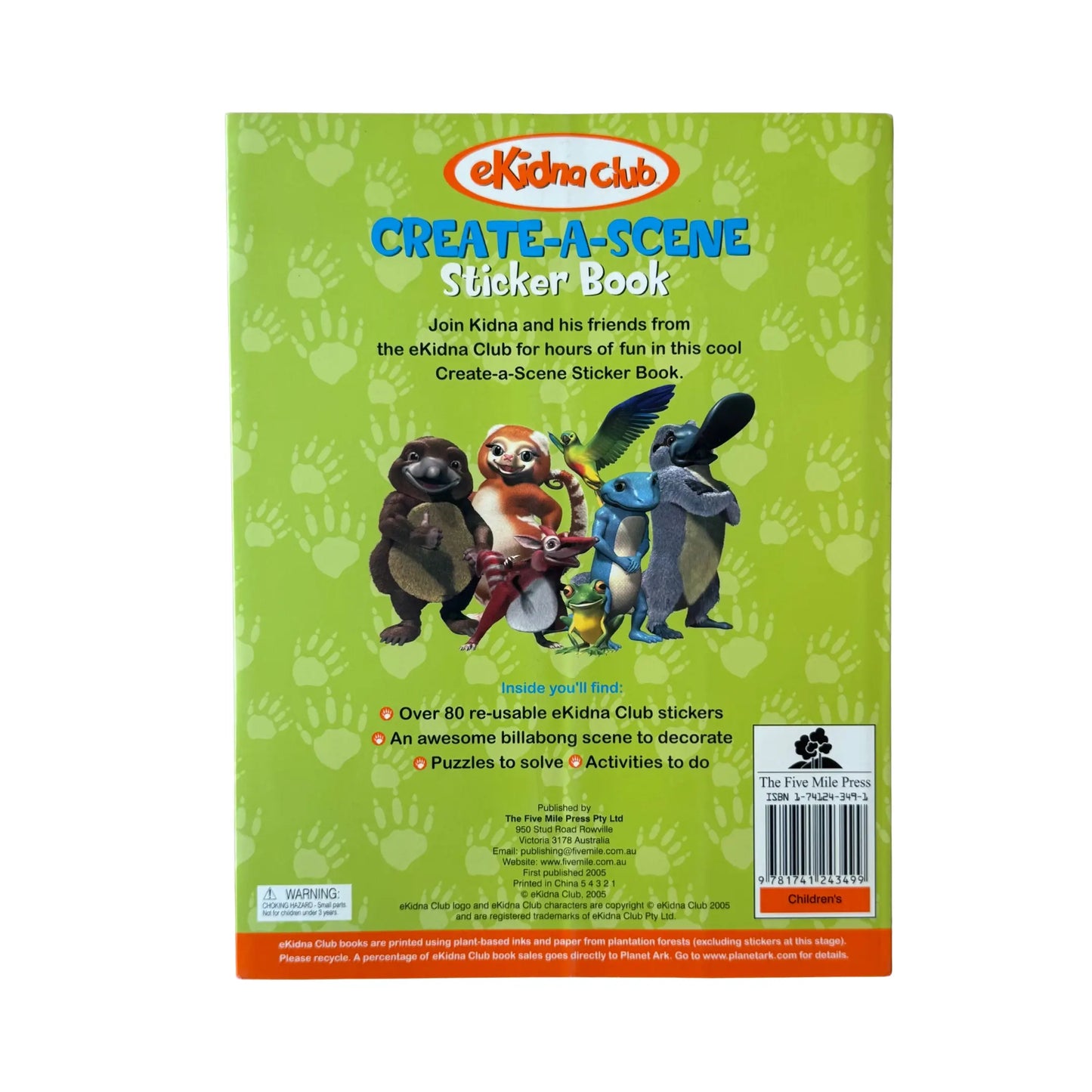 The back cover and scene-building details of the original Ekidna Club Create-a-Scene Sticker Book.