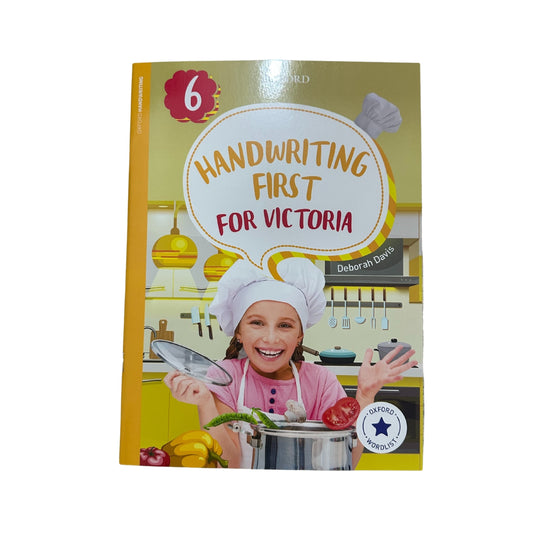 Book titled 'Handwriting First for Victoria' with a child in a kitchen on the cover.