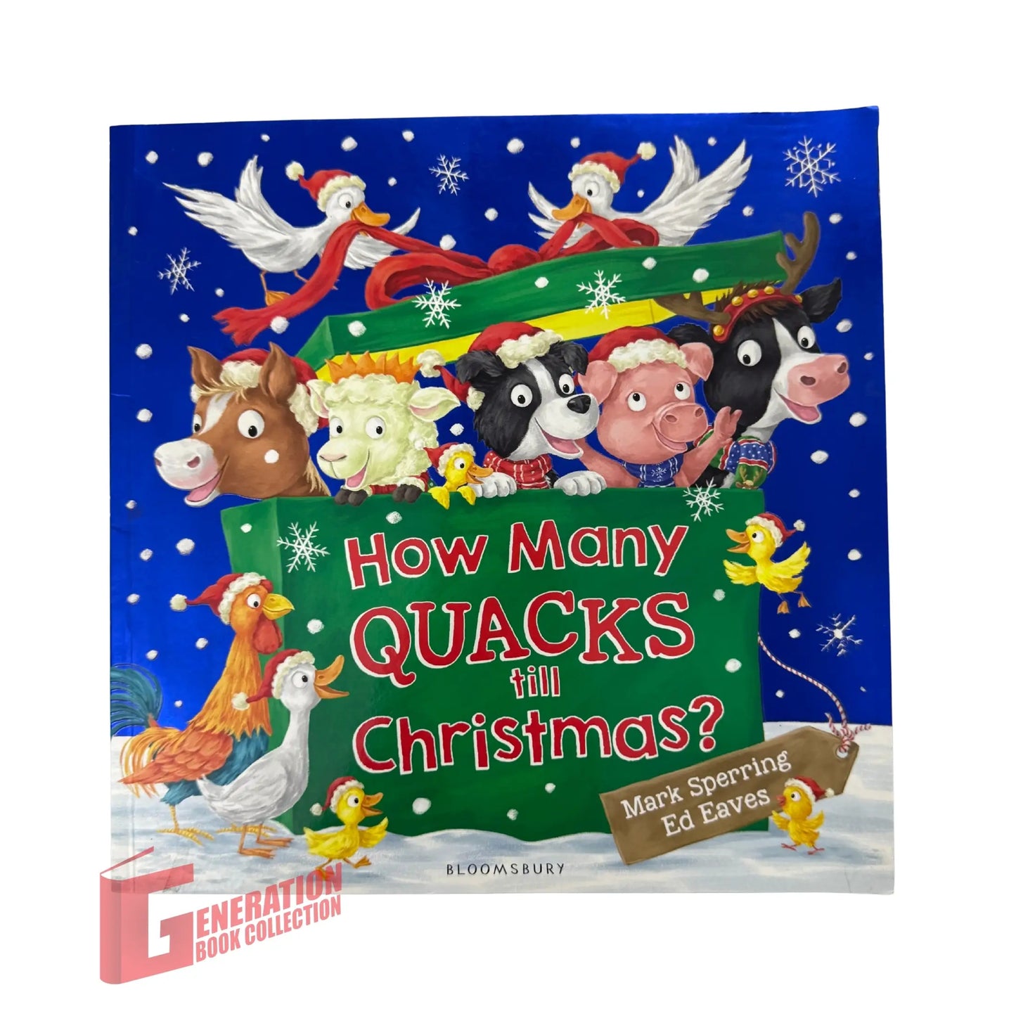 Official front cover of How Many Quacks Till Christmas? by Mark Sperring, a genuine imported children's holiday picture book.