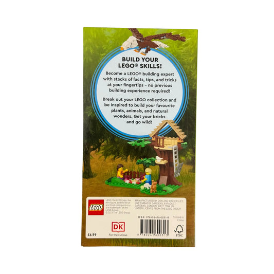 The back cover of LEGO Pocket Builder: Nature, showcasing building ideas and DK quality.