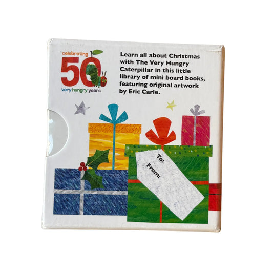 The back cover and synopsis of the original The Very Hungry Caterpillar's Christmas Library set.