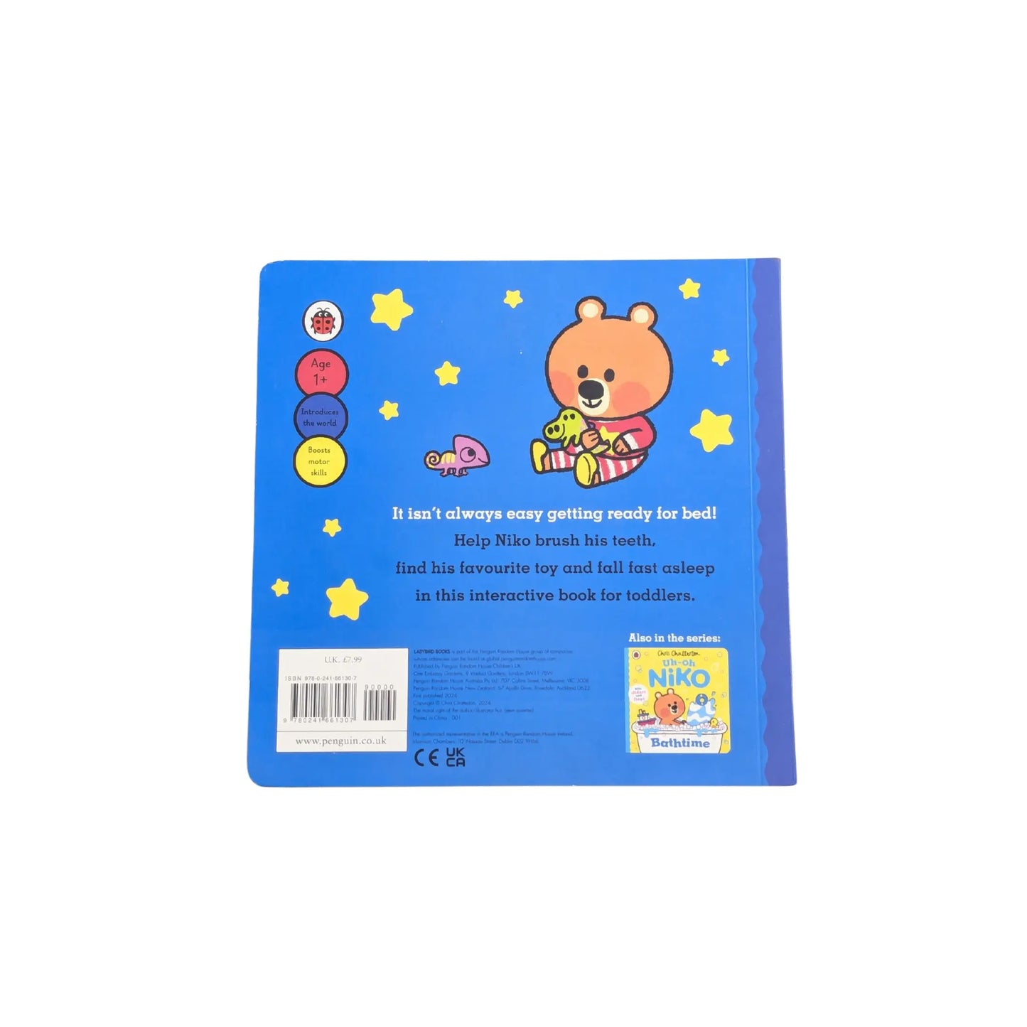 The back cover and synopsis of the original Uh-Oh, Niko: Bedtime book.