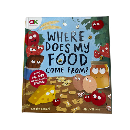 Children's book titled 'Where Does My Food Come From?' with colorful illustrations on a white background.
